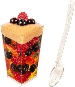 DLux 50 x 3 oz Mini Dessert Cups with Spoons, Square Tall - Glitter Plastic Parfait Appetizer Cup - Small Reusable Serving Bowl for Tasting Party Desserts Appetizers - with Recipe Ebook