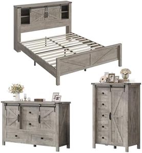 AMERLIFE 3 Pieces Farmhouse Bedroom Set with Sliding Barn Doors, Includes Queen Size Rustic Wood Bed with Bookcase Headboard, 5 Drawer Tall Dresser, 47'' Dresser with 4 Drawers, Light Rustic Oak