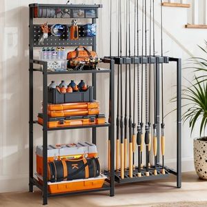 Fishing Rod Holders for Garage, Fishing Pole Rack with 3 Tier shelf, Heavy Duty Fishing Pole Holders with Pegboard and Basket for Fishing Gear, Fishing Pole Storage Hold up to 12 Fishing Rods, Black