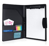 Clipboard Folder DIN A4, Leather Document Case Clip Board with Magnetic Closure Cover, for Work Writing Conference Folder Legal Pad with A4 Paper &Sticky Arrow Tabs &Pen, Black