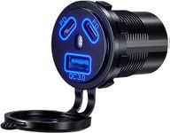 Type C USB Car Charger, Azonee Quick Charge Socket Dual Port Type C Fast Charger Socket Power Waterproof 12V/24V Marine Boat Motorcycle Adapter with LED Voltmeter for Boat Truck