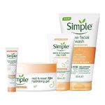 Brand Simple Protect and Glow Bundle Set includes Clay Mask 50ml, Clay Polish 150ml, Face Moisturiser Triple Protect SPF 30 40ml and Face Hydrating Gel 50ml
