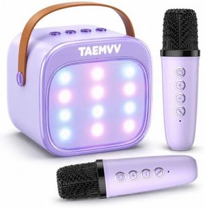 TAEMVV Karaoke Machine for Kids, Mini Karaoke Speaker with 2 Wireless Microphones, Bluetooth, Magic Voice Changer, LED Lights, Birthday Gift for Girls and Boys Ages 4-12, Purple