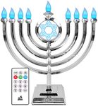 Ner Mitzvah LED Electric Hanukkah Menorah - Color Changing LED Traditional Classic Chanukah Menorah with Remote - Battery or USB Powered - USB Cord Included - Silver.