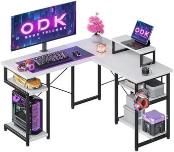 ODK Mesa Gaming con Estanteria, Escritorio Gaming con Soporte para Monitor, Escritorio Esquinero Blanco 128×120 cm