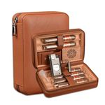 6-Finger Cigar Travel Humidor Cigar Case with Triple Flame Cigar Lighter, Leather Cigar Box with Round Humidifier, Cigar Punch and Dropper, Cedar Wood Humidor Cigar Box Gift Box Storage Box (Brown)