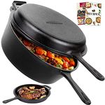 Overmont 2-in-1 Cast Iron Dutch Oven - 3.2QT Deep Pot with Frying Pan Lid & Recipe, Pre-seasoned Multi Cooker Skillet Suitable for Grill, Baking, Induction, Stovetop