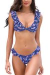 SHEKINI Women's Bathing Suits Ruffles Flounce Bikini Sets Low Rise Two Piece Swimsuit(M, Purple Blue Printing)