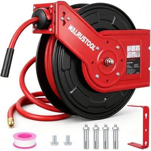 WALRUSTOOL Retractable Air Hose Reel 3/8" Air Compressor Hose 65Ft 300PSI,Heavy Duty Auto Rewind Hose Reel w/ 5Ft Lead-in Hose, Wall Mount Bracket, Anti-UV PVC, Ideal Hose Reels for Outside Use