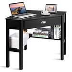DORTALA Corner Desk, Writing and Study Corner Computer Desk, Laptop PC Table, Wood Home Office Desk, Small Corner Desk with Storage Drawer, Shelves, Office Study Workstation, White Corner Desk (Black)