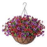 Artificial Silk Flowers Hanging Basket for Outdoor Indoor, Daisy with Eucalyptus Leaves Arrangement for Garden Yard Spring Summer Decor, Faux Green Plant in Metal Coconut Lining Pot(Red Purple)
