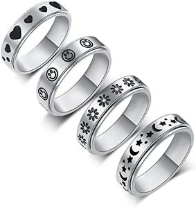 LuckyAmor Spinner Ring, Fidget Anxiety Ring Stainless Steel Moon Star Ring for Women Men Size 6-10��…, 8 UK, Non-Precious Metal, No Gemstone