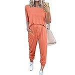 Zeagoo Women's Tracksuit Set Short Sleeve Summer Two Piece Pullover Sets for Women Trendy Lounge Sets Knitted Crochet Pullover Top High Waist Pants Outfits Crochet Red M