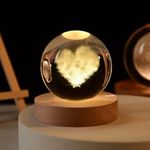 Rylan 3D Love Heart Crystal Ball Night Lamp,Creative Engraved Crystal Ball Night Light, USB Table LED Wooden Crystal Ball for Home Office Decoration Birthday Gift Adults (Love Heart)(Warm White)