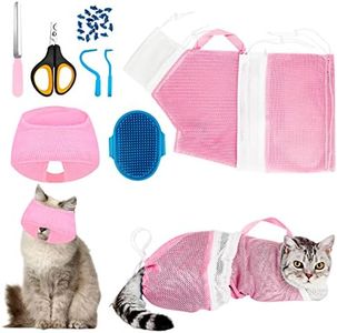 Cat Bathing Bag Set 8 PCS with Cat Shower Net Bag Breathable Mesh Cat Muzzle Adjustable Pet Grooming Brush Nail Clipper Nail File Tick Tool Nail Cap for Cat Nail Trimming Washing Restraint Feeding