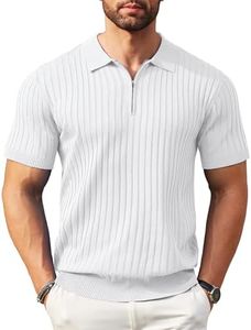 COOFANDY Men's Zipper Polo Shirts Short Sleeve Ribbed Knit Polo T Shirts Fashion Casual Golf Shirts, White, Large