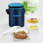 Borosil Alfa Borosilicate Glass Lunch Boxes Set of 3 (400 ml Each) with Lunch Bag, Round, Lunchboxes for Office & College, Microwave Safe, Leak Proof (Transparent, Blue)