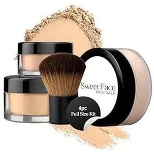 4pc FULL SIZE KIT w/KABUKI Mineral Makeup Matte Loose Powder Bare Face Cosmetics Full Coverage Long Lasting All Skin Types SPF 18 (WARM Neutral Shade-Most Popular)