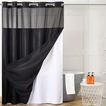 Furlinic Shower Curtain Hookless Black Jacquard Waffle Fabric 78inch Long Weighted Anti Mould with White Polyester Snap in Liner and Mesh Curtains for Bathroom and Bathtub-71x78.