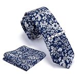 GUSLESON Mens White Flora Tie Skinny Ties for Men Slim Navy Blue Cotton Necktie and Pocket Square Clip Sets
