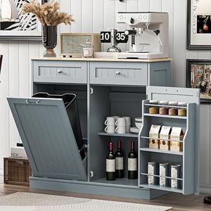 Spurgehom 13 Gallons Tilt Out Trash Can Cabinet Hidden Kitchen Trash Cabinet Freestanding Recycling Pantry with Hideaway Drawers Pet Proof Trash Bin Holder for Kitchen Living Room, Blue