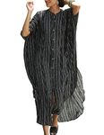 Bsubseach Women's Stylish Black Stripe Print Swimsuit Cover Ups Plus Size Button Up Beach Kaftan Shirt Dress