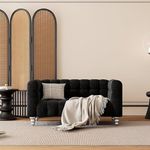 WOODEN WORLD Modern Sofa Dutch Fluff Comfortable Upholstered Loveseat with Solid Wood Legs and Buttoned Tufted Design - Stylish Mid-Century Modern Loveseat for Living Room