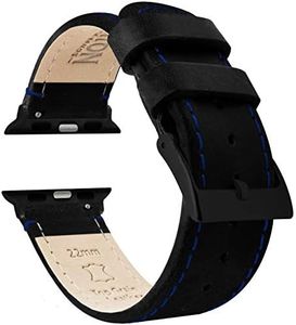 BARTON WATCH BANDS - Black Leather & Blue Stitching (Black Hardware) Top Grain Leather Watch Bands Compatible with Apple Watch Models - 1, 2, 3, 4, 5, 6, 7, 8, 9, 10, SE, Ultra & Ultra 2 - (42mm/44mm/45mm/49mm)