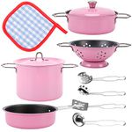 Liberty Imports Kids Play Kitchen Toys Pretend Cooking Pink Stainless Steel Pots and Pans Metal Kitchen Set with Utensils (11 Pieces)