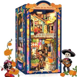 CUTEBEE Book Nook Kit - DIY Miniature House Kit for Adults, 3D Wooden Puzzle Bookshelf Insert Decor, Day of the Dead Booknook, Mexican Folklore LED Miniature Kit, Unique Gifts (Plaza de Los Muertos)