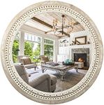 Reflinto 24 Inch Wooden Round Mirror for Wall Decor, Farmhouse Boho Circle Mirror with Beaded Frame, Rustic Decorative Mirror for Bedroom, Bathroom, Living Room, Entryway