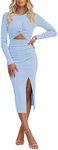 Pink Queen Cut Out Dresses Women 2024 Long Sleeve Twist Ruched Bodycon Knitted Birthday Midi Dress Sky Blue S