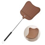 Foxany Leather Fly Swatter, Telescopic Heavy Duty Fly Swatters, Flexible Manual Flyswatters Set, Extendable Swatter with Stainless Steel Handle for Indoor Outdoor