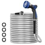 SPECILITE 50ft 304 Stainless Steel Garden Hose Metal, Heavy Duty Water Hoses with Nozzles for Yard, Outdoor - Flexible, Never Kink & Tangle, Puncture Resistant (Sliver)