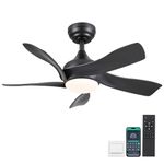 36 Inch Ceiling Fans with Lights Remote/APP Control, 2 Downrods Flush Mount Ceiling Fans with Reversible 5 Curved Blades, 6 Speeds 3 Colors Dimmable for Bedroom Dining Room Kids Room, Black