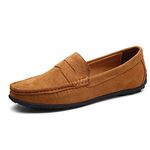 Driving Moccasins for Men Genuine Leather Round Toe Stitching Details Suede Vamp Rubber Sole Penny Loafer Lightweight Resistant Flexible Anti-Slip (Color : Brown, Size : 10.5 UK)