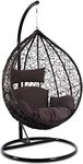 Hindoro Rattan Wicker Wrought Iron Single Seater Swing Chair with Stand & Cushion & Hook Outdoor || Indoor || Balcony || Garden || Patio || Living Outdoor Furniture (Black, Oval)