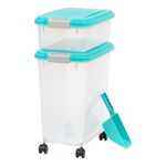 IRIS USA Dog Food Storage Container, 13.6 Kg & 5 Kg Combo, Cat Food Storage Container, Dog Treat Container, Airtight, Stackable, 2-Cup/ 450 g Scoop, Wheels, Easy Mobility, BPA Free, Seafoam Blue