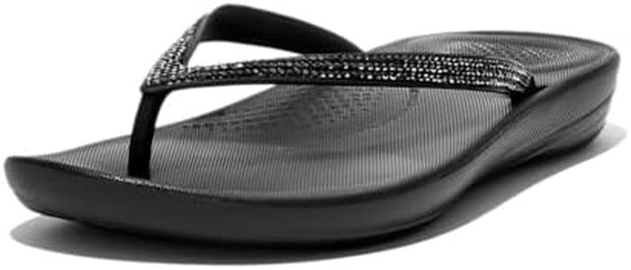 FitFlop Women's iQushion Sparkle Ergonomic Flip Flops for Walking, Lightweight Waterproof Cushioned Thong Sandals for Women, Non Slip Bottom and Arch Support, Rubber Beach Sandal, Black, 8.5 US