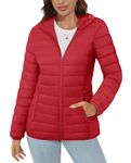 MAGCOMSEN Women's Quilted Puffer Jacket with Hood Long Sleeve Lightweight Winter Short Zip-up 4 Pockets Down Coat, Tomato Red L