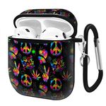 Compatible with AirPods 2nd 1st Generation Charging Case ,Soft Leather Printing Case Shock-Absorbing Protective Cover with Keychain (Neon Hippie Peace Sign and Marijuana Leaf)