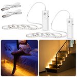 WOBANE Rechargeable Motion Sensor Light,2 * 2m Battery Powered Strip Warm White LED Wardrobe Wireless Closet Light for Bed,Stair,Pantry,Counter,Cupboard,2700K,60 LEDs,2 Pack