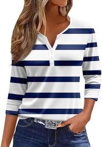 HUIFUAO - Camisetas para mujer con botones y cuello en V, manga 3/4 para mujer, camisetas básicas de verano a rayas para mujer, ajuste holgado, A02 azul marino, S