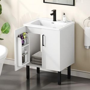 DWVO 24 Inch Bathroom Vanity with Undermount Sink Combo, Modern Bathroom Storge Cabinet Included Shelves Hooks, Wooden Double Large Soft Closing Doors, Black Handles & Adjustable Legs, White