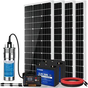ECO-WORTHY Solar Well Water Pump Kit 24V DC Submersible Water Pump + 4pcs100W Solar Panel +30AH Lithium Battery+Controller+Cable for Well Pond Irrigation Home Farm - Delivered in Multiple Packages