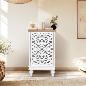Sophia & William Accent Cabinet Small with Single Door, 31.5" Tall Side End Table, Distressed Nightstand with Wooden Frame and Hollow Carved Door, White
