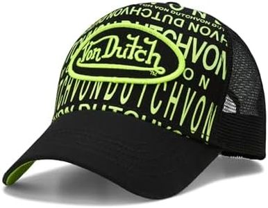Von Dutch Monogram Trucker Cap - Retro Snapback Cap for Men and Women - Adjustable Snap Fit Panel, Mesh Rear, Curved Bill, Size One Size, Black/Neptune Green