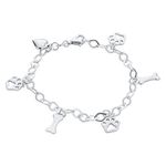 Layering Best Friend Animal Pet Lover Dog Puppy Link Multi Charm Dangling Heart, Bone & Paw Print Bracelet For Women For Teen .925 Sterling Silver 7 Inch