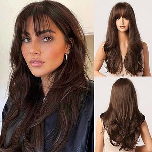 Kellynee Dark Brown Wig with Fringe - Long Wavy Brunette Wigs for Women, Natural Realistic Synthetic Hair, Best Natural Wigs for Daily Life/Halloween/Party/Cosplay