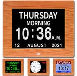 CAZOKASI 3 Displays 8inch Clock with Day and Date for Elderly Extra Large Impaired Vision Digital Calendar Clock with Non-Abbreviated Alarm Clock Day Clock Photo Frame Auto Dimmable